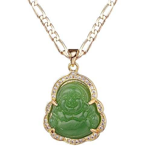 yipima Buddha Pendant Necklace for Women Men 18K Gold Plated Zircon Inlay Multi-color Buddha Head for Protection 3MM Flat Figaro Necklace Chain