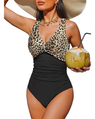 Holipick Black Leopard Women Tummy Control One Piece Swimsuit - Push Up Bathing Suit Full Coverage Slimming Swimwear L