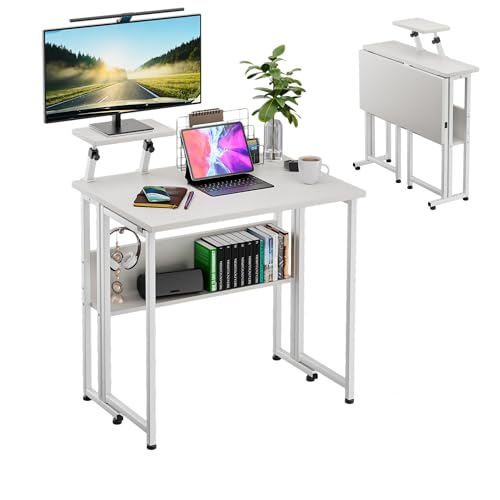 Wood Small Folding Computer Table with Monitor Stand Movable Laptop Notebook PC Desk with Wheels for Home Office Bedroom Writing Study White Frame and White Top Simple Assembly 80x58x75 cm