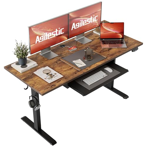 Image of Agilestic Height Adjustable Desk with Keyboard Tray, 55 x 24 Inches Electric Standing Desk with Memory Preset, Stand up Computer Table, Lightweight Board, Dark Brown