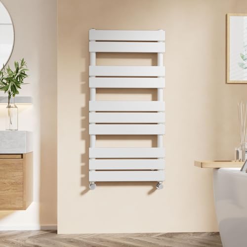EMKE Flat Panel Heated Towel Rail - Modern Design Bathroom Radiator White 1000 x 500 mm - Versatile Floor/Wall Mounted Ladder Rad Warmer