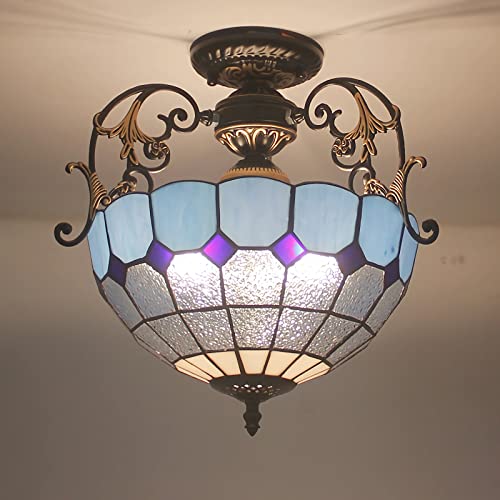 Plafonnier en vitrail bleu pour chambre couloir et cuisine luminaire 30 cm