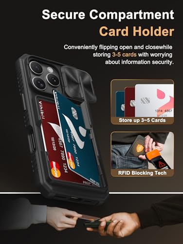Image of Vihibii for iPhone 16 Pro Case Wallet with Card Holder (4 Cards) [RFID Blocking] & Slide Camera Cover, Military Grade Drop Protection, Rugged Hard Back & Silicone Edge Phone Case, 6.3 inch 2024, Black