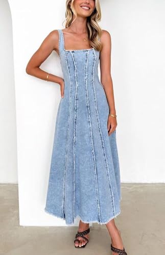 Image of chouyatou Women's Adjustable Spaghetti Strap Maxi Long Denim Dress A-Line Swing Distressed Jean Sun Dress