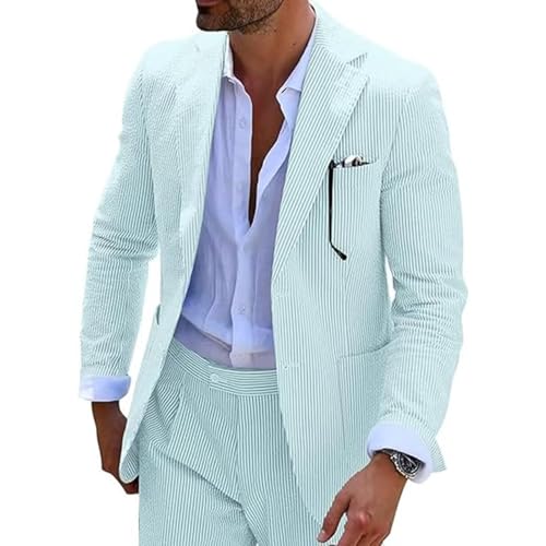 Mens Seersucker Summer Suits 2 Pieces Blazer Pants Suit for Wedding Mens Formal Suits Slim Fit Chic