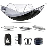 Hammock with Mosquito Net and Balance Spreader bar 2 Person Parachute Fabric Travel Hammock for Outdoor Camping Backpacking Travel Hiking Beach Backyard (Black&Grey)
