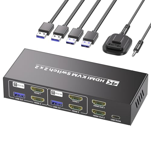 HDMI KVM Switch 2 Monitors 2 Computers, USB 3.0 4K60Hz Dual Monitor KVM Switch for 2 PC Share 2...