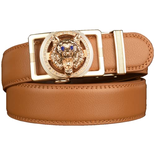 Numney Luxury Men's Belts Orange Leather Wolf Head Buckle 1.38 inch Width Used for Mens Dress Casual Adjustable Belt