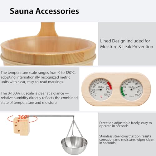 5 Pcs Sauna Accessories Kit, Bucket and Ladle Set, Thermo-Hygrometer, Sauna Hourglass, Brush, Exfoliating Volcanic Rocks, Wooden Sauna Bucket, 1 Gallon (4 L) Water Capacity, Handmade (Pine) - Image 4