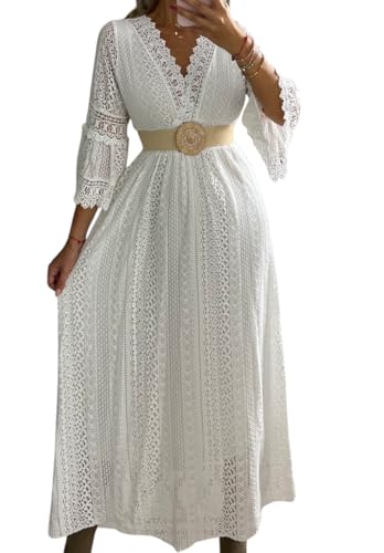Robe maxi bohème en dentelle fine avec col V et manches cloches pour mariée