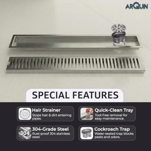 Image of ARQUIN Floor Drainer 24x4 Inch Shower Drain Channel 304 Grade Stainless Steel Bathroom Floor Drainer | Shower Water Drain Jali Channel for Bathroom with Cockroach Trap (1mm Thickness)