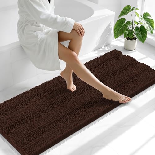 Image of Smiry Thick Chenille Bathroom Runner Rugs 59x20, Absorbent Striped Bath Mat, Machine Washable, Rubber Backing, Extra Long Bath Rugs for Tub & Shower, Modern Home Decor Accessories, Brown