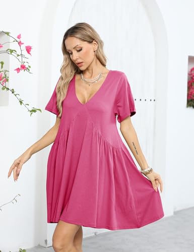 Image of Gozoloma Women Summer Short Sleeve Mini Dress Casual Loose V Neck Flowy Sundress Vacation Tshirt Sun Dress with Pockets
