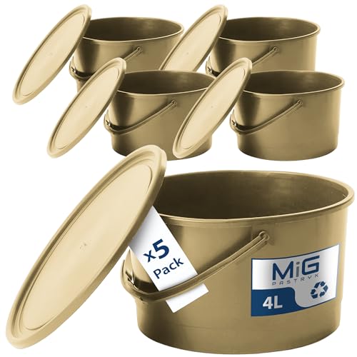 MIG Eimer mit Deckel 4L Gold - 5X 4 Liter stapelbare Plastikeimer mit Deckel - Vielseitiger Kübel mit Deckel für Haushalt und Industrie - Kleiner Eimer mit Deckel geeignet für Hundefutter