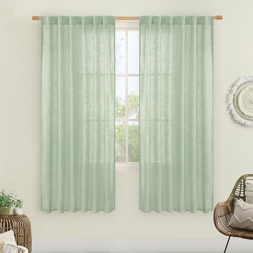 LAMIT Fresh Green Linen Boho Curtains 68 inch Length 2 Panels, Light Filtering Semi Sheer Panels Back Tab and Rod Pocket Neutral Drapes for Bedroom/Living Room, 52 x 68 Inch