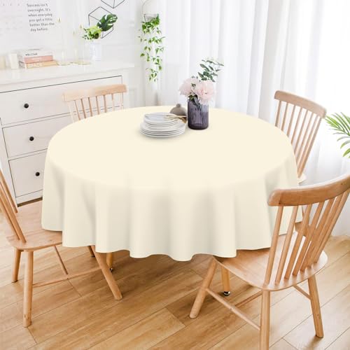 Image of Mulbozy 12 Pack Ivory Round Tablecloth, 84 Inches Plastic Table Cover, Premium Disposable Round Party Tablecloth for Restaurant Dinners, Wedding, Grad Party, Baby Shower, Outdoor Camping