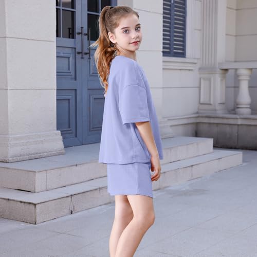 Image of DREAM BUS Girls T-Shirts and Shorts Set 2 Pieces Teen Girls Summer Matching Outfit Solid Trendy Clothes for Little Girl