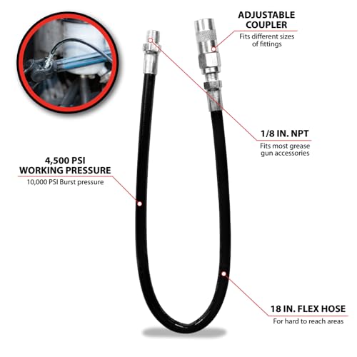 Image of Performance Tool W54211 18-Inch Flex Grease Gun Hose Extension With Coupler, 4,500 Working PSI (1 /8 NPT)