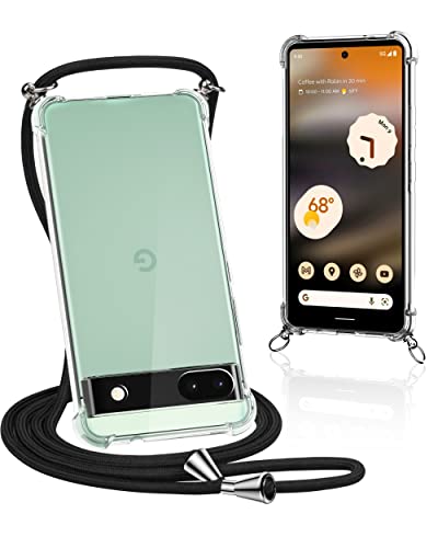 caslord Funda con Cuerda para Google Pixel 6a 6,2", Carcasa Transparente TPU con Correa Colgante Ajustable Collar Correa de Cuello Cadena Cordón 1,6M, Negro Cover
