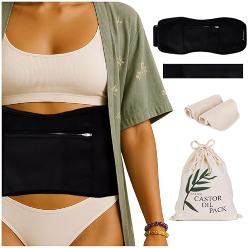 5-Pack Ultra-Soft Cotton Flannel Castor Oil Stomach Wrap, Premium Comfort, Leak-Resistant & Adjustable Fit, Reusable, Mess-Free Detox & Relaxation Kit with Extra Pads & Storage Bag - Unique Design