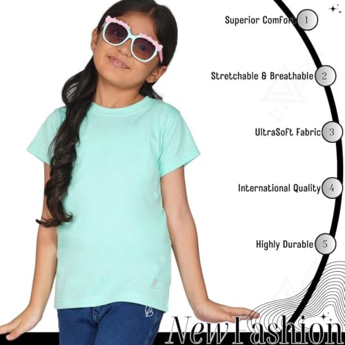 Image of Kids Round Neck Girls Tshirt | Short Sleeves | Natural Organic 100% Cotton Soft Comfortable Fabric | Plain Color Original Branded Half Sleeve | School t-Shirt for Girl Kid | Sleepwear Everyday Casual