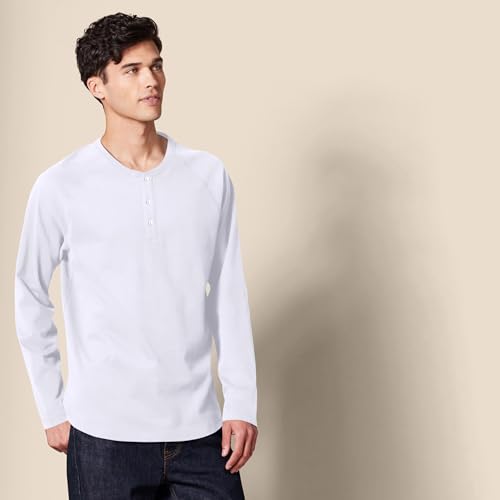 Amazon Essentials Camiseta de Manga Larga con Cuello Henley y Corte Recto (Disponible en Talla Grandes y Largos Especiales) Hombre, Blanco, M