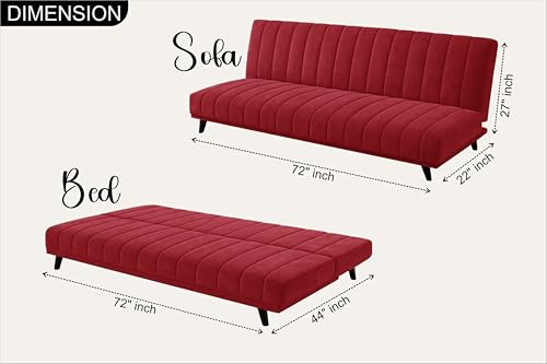 Image of Rosebell- Velvet Fabric Sofa Cum Bed 3-Seater Foldable Convertible Sofa, Modern Tufted Design Couch for Living Room, Guest Room & Office Red Color