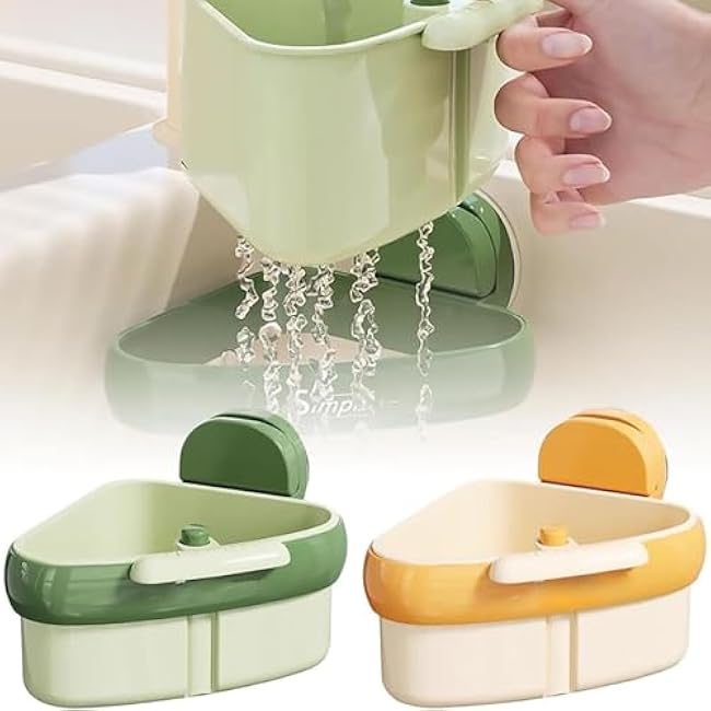 Cureaway Suction Cup Sink Corner Rack, Cureaway Suction Cup Sponge Holder, Triangular Hanging Kitchen Strainer Basket, Say Goodbye to Gross Food Scraps and Smelly Sinks (Yellow)