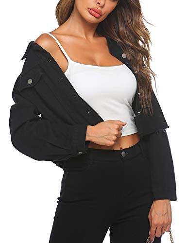 HOTLOOX Oversize Denim Jacket for Women Ripped Jean Jacket Boyfriend Long Sleeve Coat Black XL