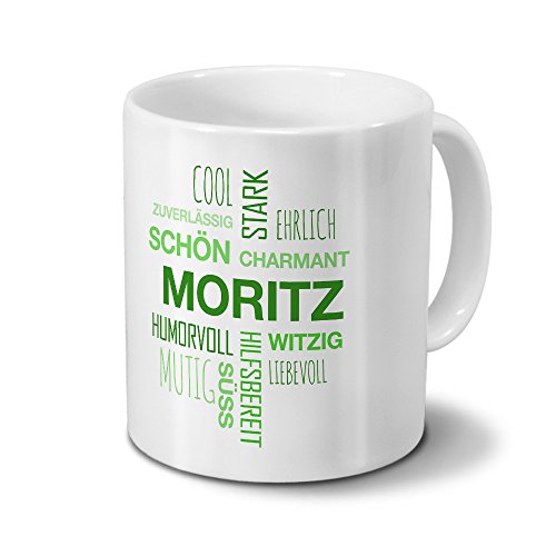 printplanet Tasse mit Namen Moritz Positive Eigenschaften Tagcloud - Grün - Namenstasse, Kaffeebecher, Mug, Becher, Kaffeetasse