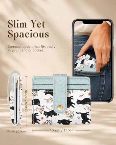 Image of Bistup Small Card Wallet for Women with Keychain, Cat Pattern | durable material, clear ID window,, compact design for daily carry, sturdy keychain, aesthetic