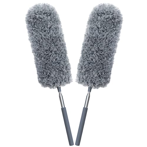 2 Pack Mini Microfiber Feather Duster for Cleaning, with Extendable Pole, Hand Washable Dusters, Cleaning Tools for Office, Car, Window, Furniture