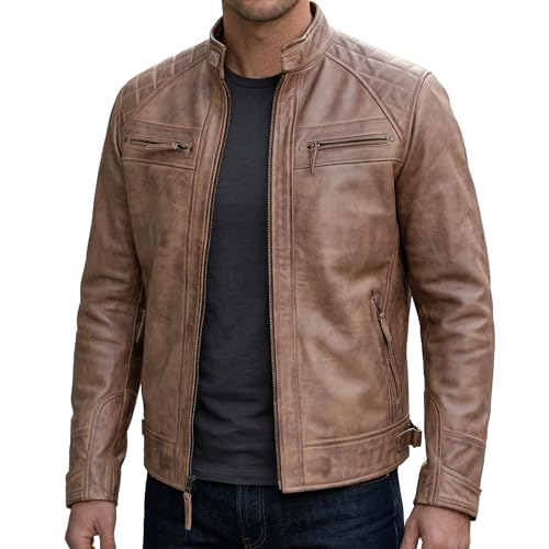 Image of Leather Jacket Men - Real Lambskin Motorcycle Jacket with Snap Tab Collar, Adjustable Waist & Zippered Pockets