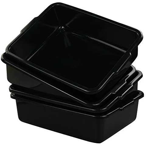 EudokkyNA 8 Liters Plastic Commercial Bus Tub Set of 4, Black Rectangle Plastic Dish Pans Cover