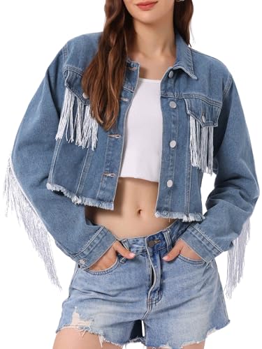 Womens Cropped Jean Jackets Long Sleeve Western Frayed Tassel Fringe Denim Jacket