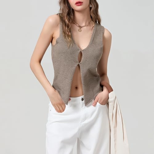 Image of Crochet Knitted Vest for Women Vintage Y2K Hollow Out Button Down Cardigan Retro Crochet Knit Tank Vest