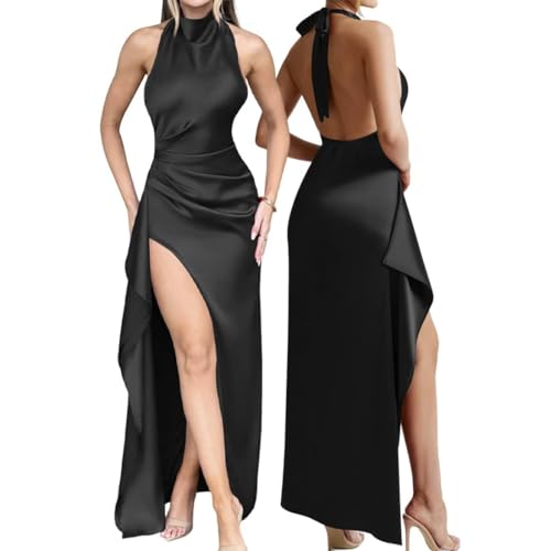 AOWVUTS Abendkleid Damen Lange Sexy Satin Neckholder Maxikleider mit Schlitz Elegant Rückenfrei Rüschen Ballkleider für Hochzeit...