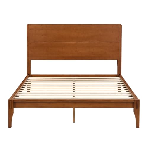 Image of Merax Full Size Bamboo Platform Bed Frame with Tall Headboard, Brown | Mid-Century Modern Solid Sustainable Bedframe Full-Size, Wood Slat Support, No Box Spring Needed, Easy Assembly, Noise Free