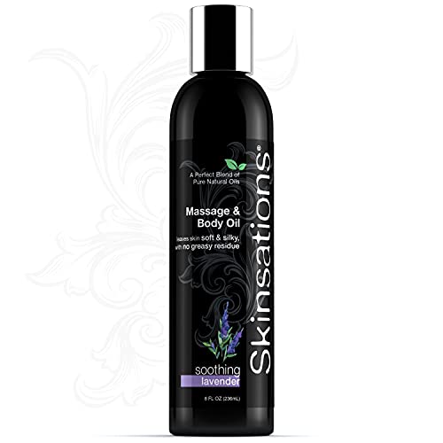 Skinsations - Sensual Massage & Body Oil - Lavender 8oz | Lightweight & Silky Soft, Edible Sweet Almond, Fractionated Coconut, Grapeseed & Jojoba Oils with Organic Lavender EO for Massage Therapy