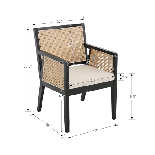 Image of HNY Farmhouse Rattan Dining Chairs with Arm Set of 2, Black Solid Hardwood Frame, Upholstered Linen Seat, Ergonomic Cane Back Dining Room Chairs for Kitchen, Dining Room, Apartment, Beige