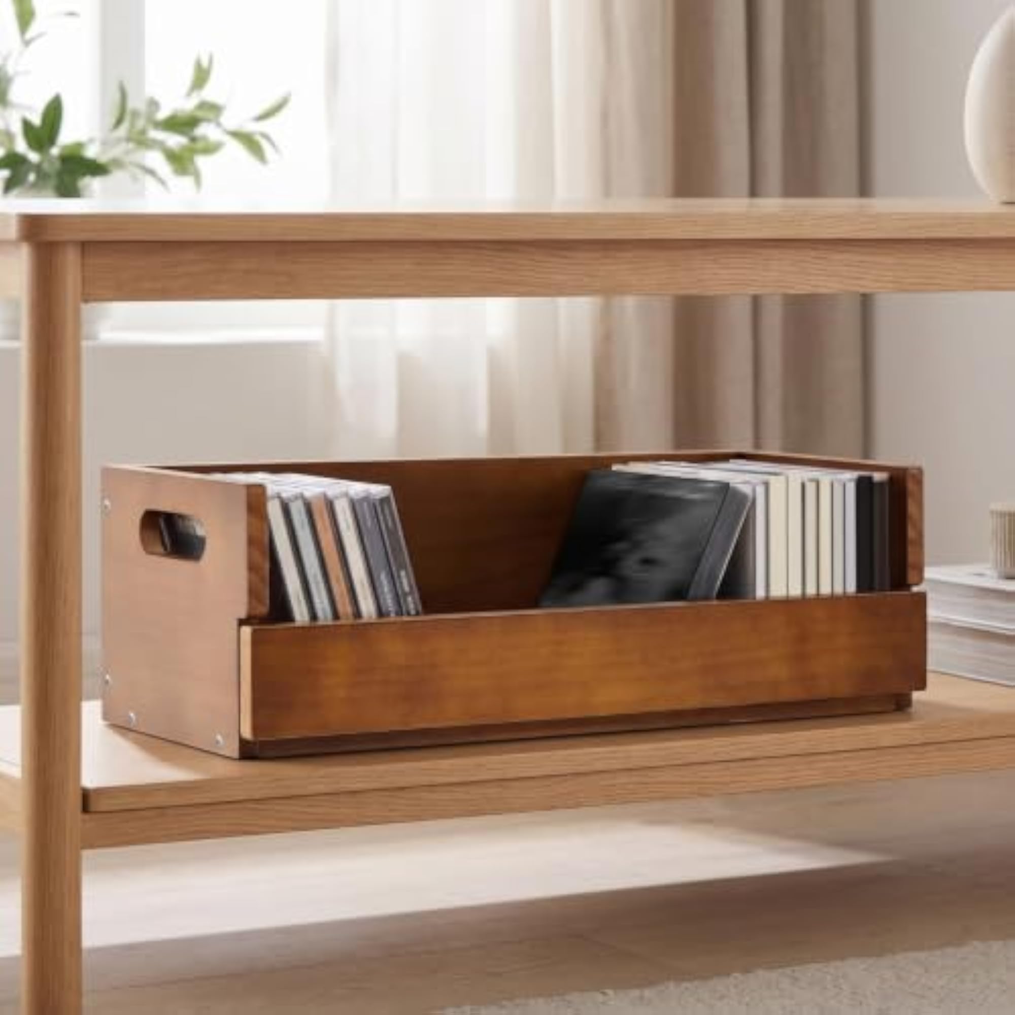 Open-Top CD Rack with Front Flap, Wooden Storage Box