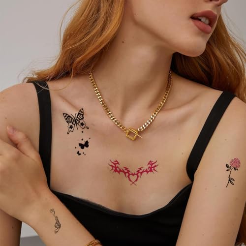 Image of MAYCREATE 10 Sheet Y2K Temporary Tattoo Stickers Set, Cute Y2K Style Water Transfer Tattoos, Butterfly Bow Heart Skull Tribal Flame & Grunge Body Art Stickers Festival Party Fashion Accessories
