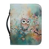 Leather Bible Cover for Women ，Bible Case Holder with Pockets for Standard Size Bible，Bible Carrying Organizer Bag,Flower Owl,L