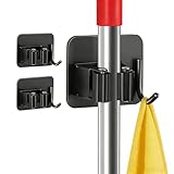 Bwnbvios Besenhalterung Wand selbstklebend - 2 Stück Edelstahl Besenhalter für Küche, Bad, Balkon & Garten – Gerätehalter ohne Bohren in Schwarz