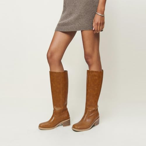 Image of DOEYG Women's Banana Knee High Boots Square Toe Chunky Block Heel Tall Boots Wide Calf Fashion Comfortable Casual Pull on Long Boots