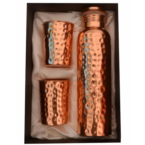 Image of Pure Copper Water Bottle - 1000ml (34 oz) Leak-Proof Ayurvedic Bottle | Handmade, BPA-Free, Joint-Free Design for Health, Yoga, Office & Travel | - Premium Gift Packaging (With 2 Tumblers)