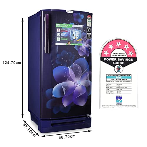 Image of Godrej 190 L 5 Star Inverter Direct-Cool Single Door Refrigerator (RD 1905 PTDI 53 JW BL, Jewel Blue, Base Stand with Drawer)