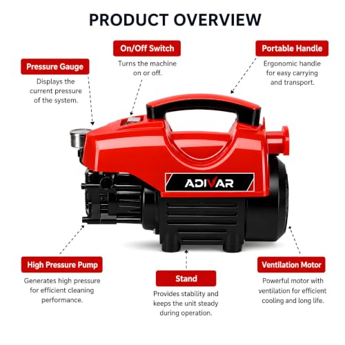 Image of AD-180 High Pressure Washer | 2000W Motor | 180 Bar Max Pressure | 7 L /Min Flow Rate | Portable Electric Washer for Car, Bike, Solar Panal, Walkways & Home Cleaning