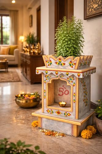 Image of Handcrafted Decorative Planter Shrine, Painted Plant Stand with Floral Design, Marble Finish 15 inch