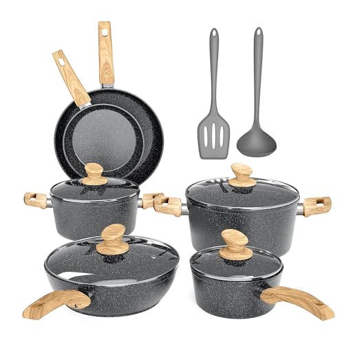 DishDelight Topfset Beschichteter Topf Induktion Töpfe Set Pfannenset 12-teilige Granit Antihaft Töpfe und Pfannen Cookware Kochtopf Bratpfanne mit Glasdeckeln